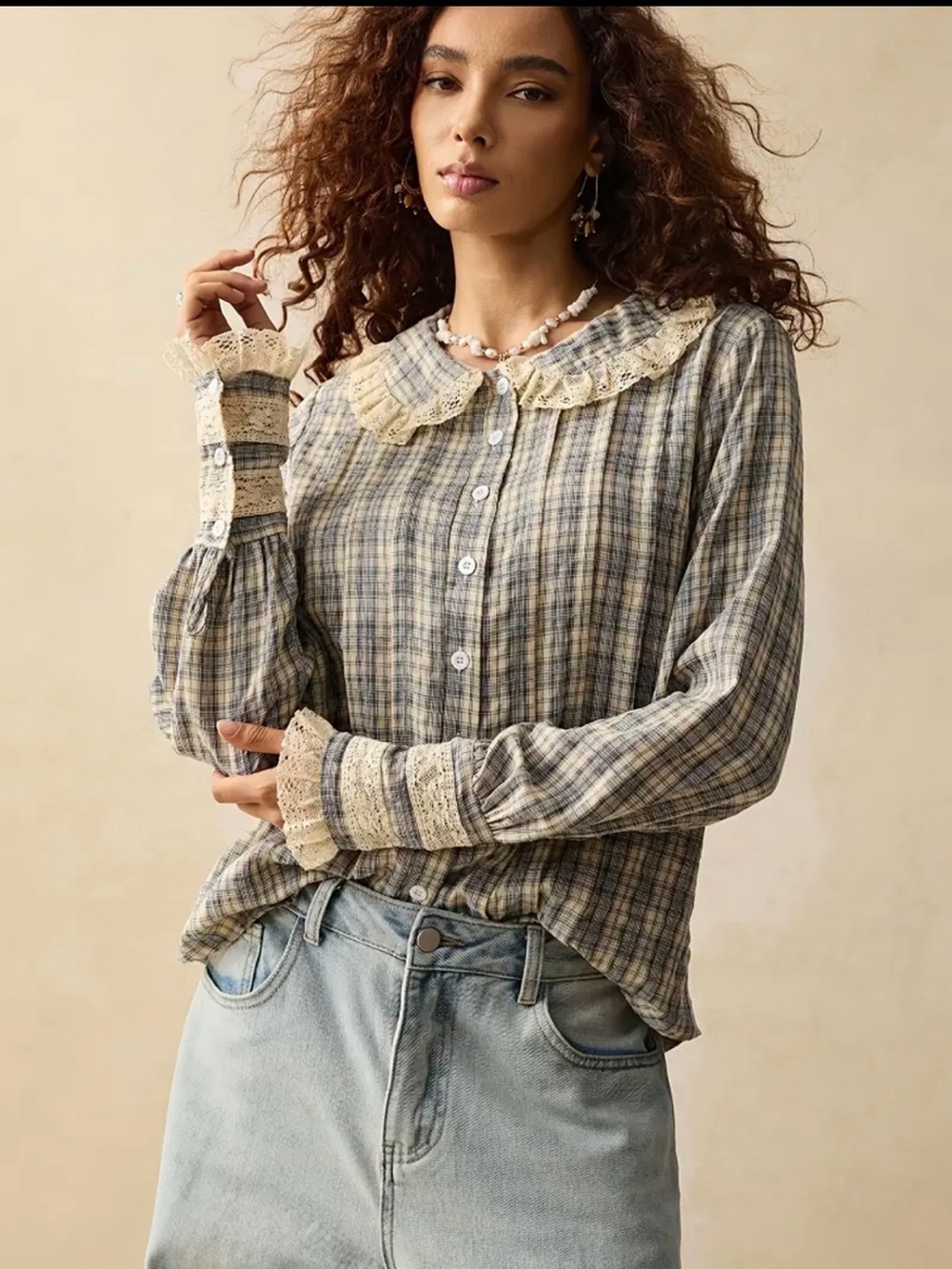 Lace-Trim Plaid Button-Down Shirt in Beige and Gray